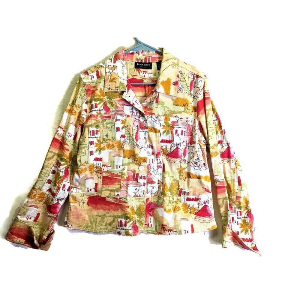 Lemon Grass Studio Women size L Pink Scenic Design Button Stretch Cruise Jacket